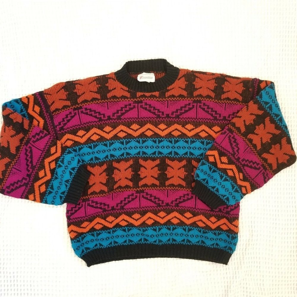 Vintage 80s Aztec Tribal‎ Sweater Balloon Sleeve Medium Chunky Vibrant Hip Hop